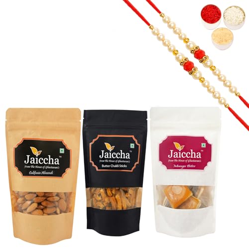 Jaiccha Ghasitaram Rakhi Gifts for Brothers Rakhi Sweets - Best of 3 Mango Bites 200 GMS, Butter Chakli Sticks 100 GMS Pouch and Almonds 100 GMS Pouch with 2 Beads Rakhis Jaiccha Ghasitaram Rakhi Gifts for Brothers Rakhi Sweets - Best of 3 Mango Bites 200 GMS, Butter Chakli Sticks 100 GMS Pouch and Almonds 100 GMS Pouch with 2 Beads Rakhis von Jaiccha