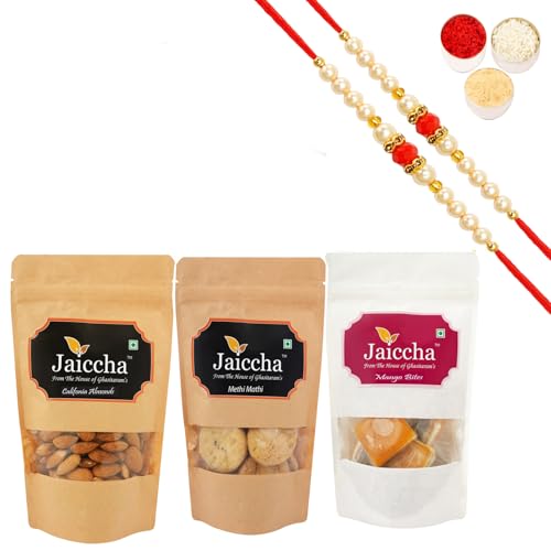Jaiccha Ghasitaram Rakhi Gifts for Brothers Rakhi Sweets - Best of 3 Mango Bites 200 GMS,Methi Mathi 150 GMS Pouch and Almonds 100 GMS Pouch with 2 Beads Rakhis Jaiccha Ghasitaram Rakhi Gifts for Brothers Rakhi Sweets - Best of 3 Mango Bites 200 GMS,Methi Mathi 150 GMS Pouch and Almonds 100 GMS Pouch with 2 Beads Rakhis von Jaiccha