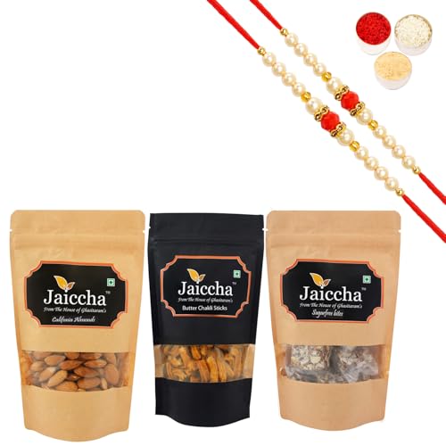 Jaiccha Ghasitaram Rakhi Gifts for Brothers Rakhi Sweets - Best of 3 Suagrfree Bites 200 GMS, Butter Chakli Sticks 100 GMS Pouch and Almonds 100 GMS Pouch with 2 Beads Rakhis von Jaiccha