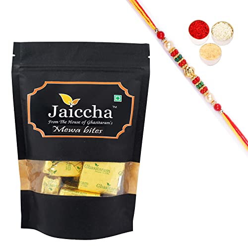 Jaiccha Ghasitaram Rakhi Gifts for Brothers Rakhi Sweets - MEWA Bites 200 GMS in Black Paper Pouch with Beads Rakhi von Jaiccha
