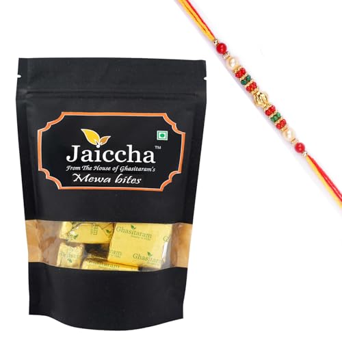 Jaiccha Ghasitaram Rakhi Gifts for Brothers Rakhi Sweets - MEWA Bites 200 GMS in Black Paper Pouch with Beads Rakhi von Jaiccha