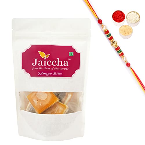 Jaiccha Ghasitaram Rakhi Gifts for Brothers Rakhi Sweets - Mango Bites 200 GMS in White Paper Pouch with Beads Rakhi Jaiccha Ghasitaram Rakhi Gifts for Brothers Rakhi Sweets - Mango Bites 200 GMS in White Paper Pouch with Beads Rakhi von Jaiccha