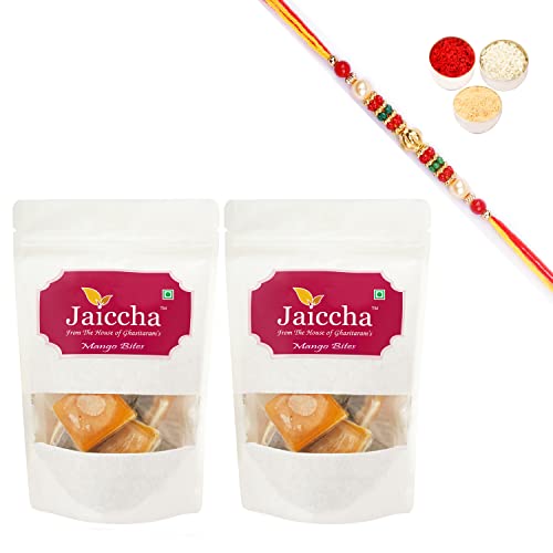 Jaiccha Ghasitaram Rakhi Gifts for Brothers Rakhi Sweets - Mango Bites 400 GMS in White Paper Pouch with Beads Rakhi Jaiccha Ghasitaram Rakhi Gifts for Brothers Rakhi Sweets - Mango Bites 400 GMS in White Paper Pouch with Beads Rakhi von Jaiccha