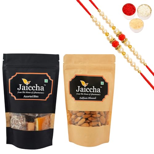 Jaiccha Ghasitaram Rakhi Gifts for Brothers Rakhi Sweets - Pack of 2 Assorted Bites 100 GMS and Almonds 100 GMS Pouches with 2 Beads Rakhis Jaiccha Ghasitaram Rakhi Gifts for Brothers Rakhi Sweets - Pack of 2 Assorted Bites 100 GMS and Almonds 100 GMS Pouches with 2 Beads Rakhis von Jaiccha