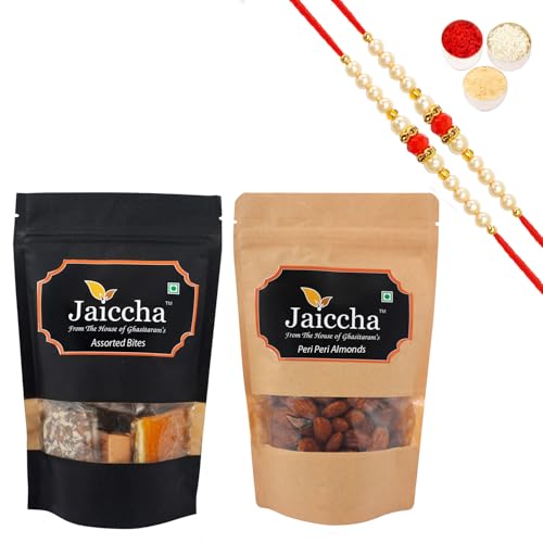 Jaiccha Ghasitaram Rakhi Gifts for Brothers Rakhi Sweets - Pack of 2 Assorted Bites 100 GMS and Peri Peri Almonds 100 GMS Pouches with 2 Beads Rakhis Jaiccha Ghasitaram Rakhi Gifts for Brothers Rakhi Sweets - Pack of 2 Assorted Bites 100 GMS and Peri Peri Almonds 100 GMS Pouches with 2 Beads Rakhis von Jaiccha