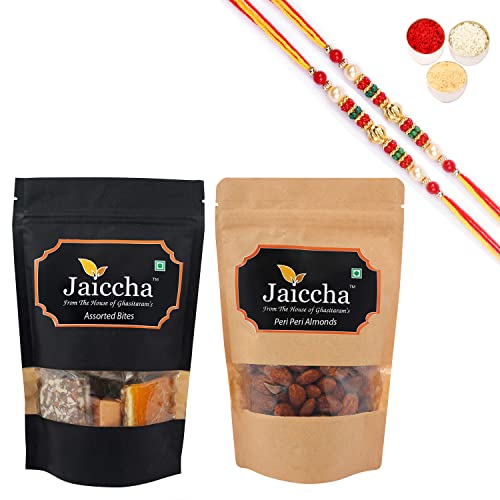 Jaiccha Ghasitaram Rakhi Gifts for Brothers Rakhi Sweets - Pack of 2 Assorted Bites 100 GMS and Peri Peri Almonds 100 GMS Pouches with 2 Beads Rakhis von Jaiccha