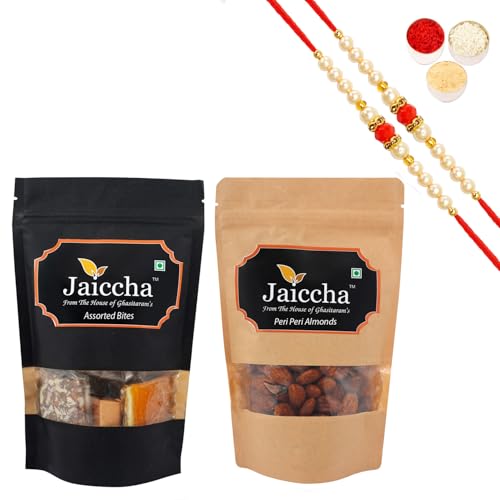 Jaiccha Ghasitaram Rakhi Gifts for Brothers Rakhi Sweets - Pack of 2 Assorted Bites 100 GMS and Peri Peri Almonds 100 GMS Pouches with 2 Beads Rakhis von Jaiccha