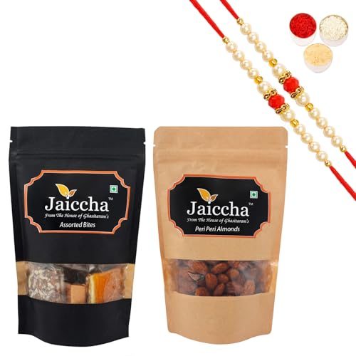 Jaiccha Ghasitaram Rakhi Gifts for Brothers Rakhi Sweets - Pack of 2 Assorted Bites 200 GMS and Peri Peri Almonds 200 GMS Pouches with 2 Beads Rakhis Jaiccha Ghasitaram Rakhi Gifts for Brothers Rakhi Sweets - Pack of 2 Assorted Bites 200 GMS and Peri Peri Almonds 200 GMS Pouches with 2 Beads Rakhis von Jaiccha