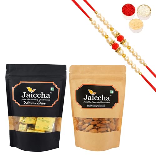 Jaiccha Ghasitaram Rakhi Gifts for Brothers Rakhi Sweets - Pack of 2 MEWA Bites 100 GMS and Almonds 100 GMS Pouches with 2 Beads Rakhis Jaiccha Ghasitaram Rakhi Gifts for Brothers Rakhi Sweets - Pack of 2 MEWA Bites 100 GMS and Almonds 100 GMS Pouches with 2 Beads Rakhis von Jaiccha