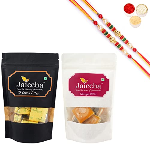 Jaiccha Ghasitaram Rakhi Gifts for Brothers Rakhi Sweets - Pack of 2 MEWA Bites 100 GMS and Mango Bites 100 GMS Pouches with 2 Beads Rakhis Jaiccha Ghasitaram Rakhi Gifts for Brothers Rakhi Sweets - Pack of 2 MEWA Bites 100 GMS and Mango Bites 100 GMS Pouches with 2 Beads Rakhis von Jaiccha