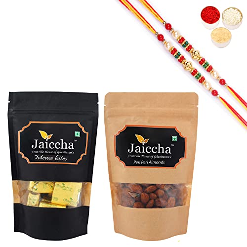 Jaiccha Ghasitaram Rakhi Gifts for Brothers Rakhi Sweets - Pack of 2 MEWA Bites 100 GMS and Peri Peri Almonds 100 GMS Pouches with 2 Beads Rakhis von Jaiccha