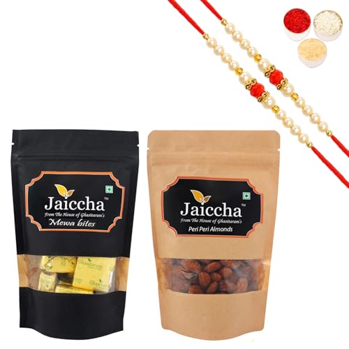 Jaiccha Ghasitaram Rakhi Gifts for Brothers Rakhi Sweets - Pack of 2 MEWA Bites 100 GMS and Peri Peri Almonds 100 GMS Pouches with 2 Beads Rakhis von Jaiccha