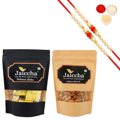 Jaiccha Ghasitaram Rakhi Gifts for Brothers Rakhi Sweets - Pack of 2 MEWA Bites 200 GMS and Almonds 200 gmsPouches with 2 Beads Rakhis Jaiccha Ghasitaram Rakhi Gifts for Brothers Rakhi Sweets - Pack of 2 MEWA Bites 200 GMS and Almonds 200 gmsPouches with 2 Beads Rakhis von Jaiccha