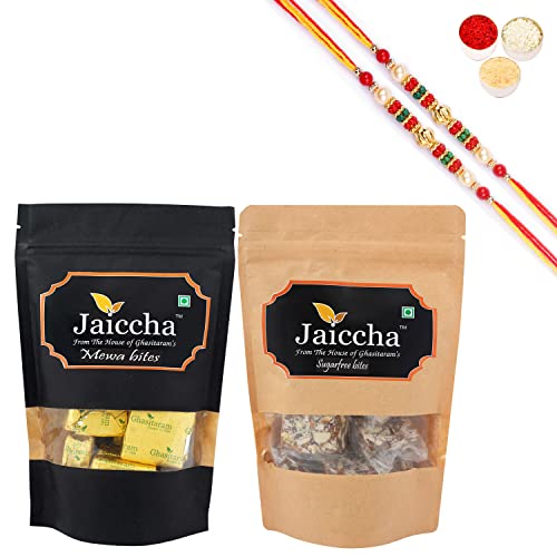 Jaiccha Ghasitaram Rakhi Gifts for Brothers Rakhi Sweets - Pack of 2 MEWA Bites 200 gmsand Sugarfree Bites 200 GMS Pouches with 2 Beads Rakhis von Jaiccha