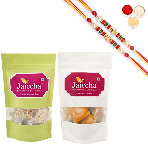 Jaiccha Ghasitaram Rakhi Gifts for Brothers Rakhi Sweets - Pack of 2 Roasted Almond Bites 100 GMS and Mango Bites 100 GMS Pouches with 2 Beads Rakhis von Jaiccha