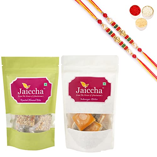Jaiccha Ghasitaram Rakhi Gifts for Brothers Rakhi Sweets - Pack of 2 Roasted Almond Bites 200 GMS and Mango Bites 200 GMS Pouches with 2 Beads Rakhis Jaiccha Ghasitaram Rakhi Gifts for Brothers Rakhi Sweets - Pack of 2 Roasted Almond Bites 200 GMS and Mango Bites 200 GMS Pouches with 2 Beads Rakhis von Jaiccha