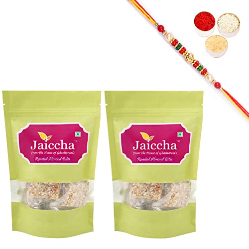 Jaiccha Ghasitaram Rakhi Gifts for Brothers Rakhi Sweets - Roasted Almond Bites 400 GMS in Green Paper Pouch with Beads Rakhi Jaiccha Ghasitaram Rakhi Gifts for Brothers Rakhi Sweets - Roasted Almond Bites 400 GMS in Green Paper Pouch with Beads Rakhi von Jaiccha