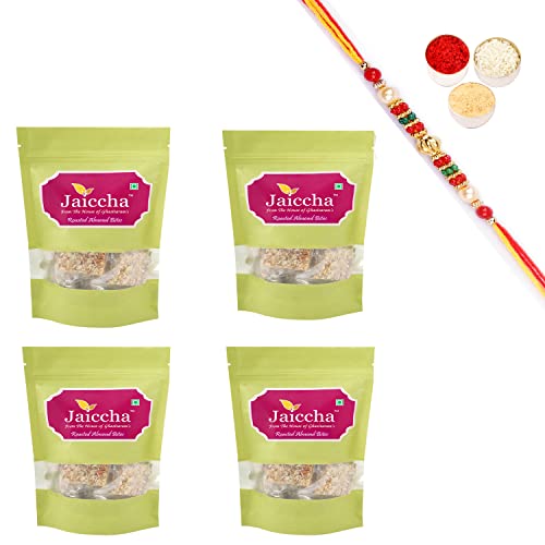 Jaiccha Ghasitaram Rakhi Gifts for Brothers Rakhi Sweets - Roasted Almond Bites 800 GMS in Green Paper Pouch with Beads Rakhi Jaiccha Ghasitaram Rakhi Gifts for Brothers Rakhi Sweets - Roasted Almond Bites 800 GMS in Green Paper Pouch with Beads Rakhi von Jaiccha