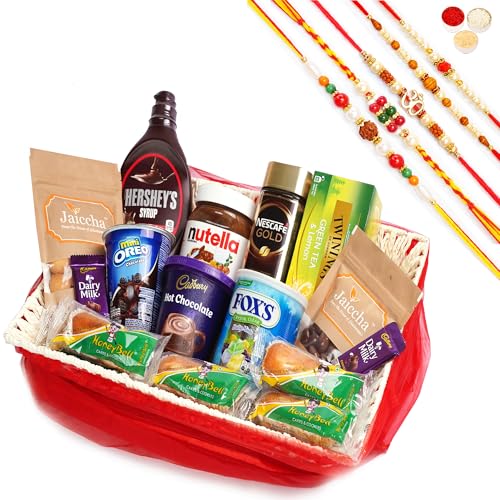 Jaiccha Ghasitaram Rakhi Gifts for Brothers - Red Net Basket Hamper of 21 Goodies with 5 Rakhis von Jaiccha