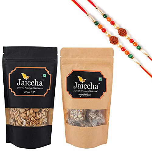 Jaiccha Ghasitaram Rakhi Gifts for Brothers - Sugarfree Dates and Figs Bites and Wheat Puffs Pouch with 2 Rudraksh Rakhis von Jaiccha