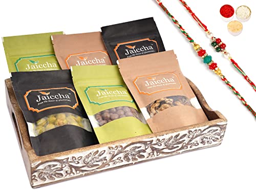 Jaiccha Ghasitaram Rakhi Gifts for Brothers Wooden Serving Tray of 6 Assorted Flavoured Nuts with 2 Rakhis von Jaiccha