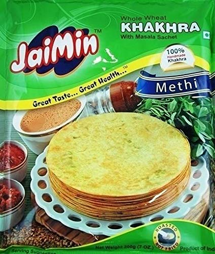 Jaimin Vollkorn Methi Khakhra Weizen-Snack mit Bockshornklee-Geschmack - 200g - 2er-Packung Jaimin Vollkorn Methi Khakhra Weizen-Snack mit Bockshornklee-Geschmack - 200g - 2er-Packung von Jaimin