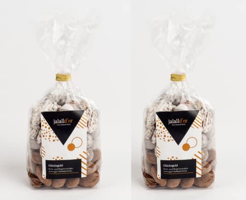 Jalall D'or Mandelmischung "Glücksgold" - Geschenk-Idee 2x 250 g Schoko-Kaffeebohnen Rosen- und Zimtmandeln - Kleines Glücksgeschenk von Jalall D'or
