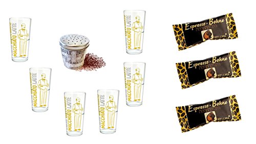 Hellma schokolierte Espressobohnen 20 x 1,1g Zartbitter + 6 Latte Gläser + Metallschokostreuer Motiv 5 cent von James Premium