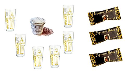 James Premium schokolierte Espressobohnen 20 x 1,1g Zartbitter + 6 stapelbare Latte Gläser cc 350ml + Metallschokostreuer Motiv 5 cent von James Premium