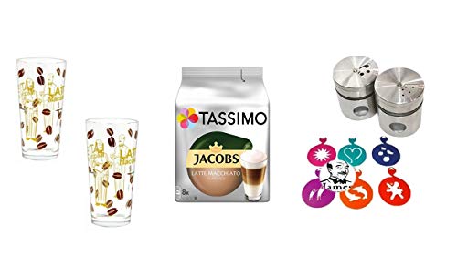 Edelstahl Schokostreuer + 2 Schablonen aus 6 Motiven sortiert 2 Latte Gläser + Tassimo Kapseln Jacobs Typ Latte Macchiato Classico, von James Premium