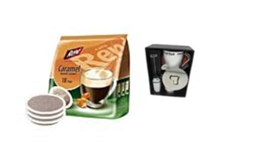 Kaffeepads Karamell + Mixer Milchaufschäumer plus Herzschablone Chrom plus 2 Keramiktassen mit Henkel plus Stoffservietten in der Geschenkbox… von James Premium