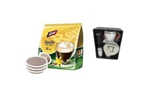 Ostergeschenk Kaffeepads Vanille + Mixer Milchaufschäumer plus Herzschablone Chrom plus 2 Keramiktassen mit Henkel plus Stoffservietten in der Geschenkbox von James Premium