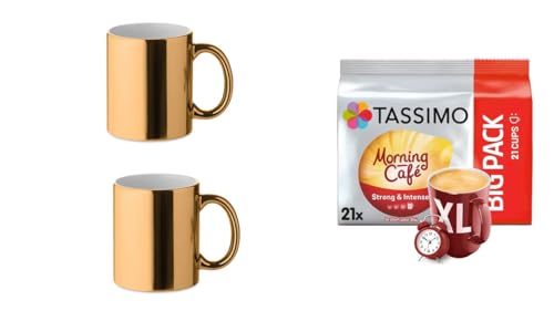 Tassimo Morning Café XL, 21 Kaffee Kapseln im Big Pack, 163.8 g plus plus 2 x plus Becher mit Henkel Kaffeebecher aus Keramik mit Metallic-Finish. von James Premium