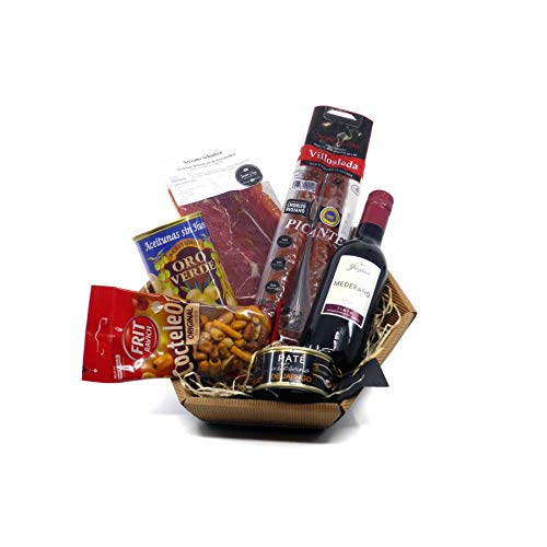 Präsent-Korb Tinto mit spanischen Tapas - Das kleine Feinkost Geschenk - Schinken, Chorizo, Wein, Oliven, etc von Jamón y Vino - Spanische Delikatessen