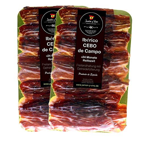 2x150g Iberico Schinken Reserva Cebo de Campo | +24 Monate gereift | Freilandhaltung | in Scheiben geschnitten | lagenweise durch Folie getrennt von Jamón y Vino - Spanische Delikatessen