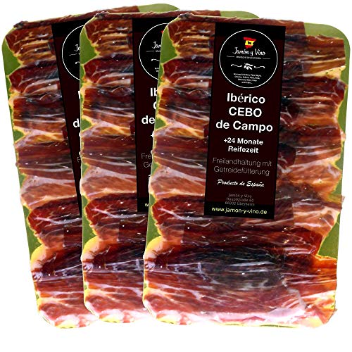 3x150g Iberico Schinken Reserva Cebo de Campo | +24 Monate gereift | Freilandhaltung | in Scheiben geschnitten | lagenweise durch Folie getrennt von Jamón y Vino - Spanische Delikatessen