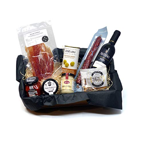 Geschenkbox mit Spanischen Feinkost Delikatessen - Tapas Abend für zwei - Geschenkset Präsentkorb Geschenkkorb Spanien mit Rot-Wein von Jamón y Vino - Spanische Delikatessen