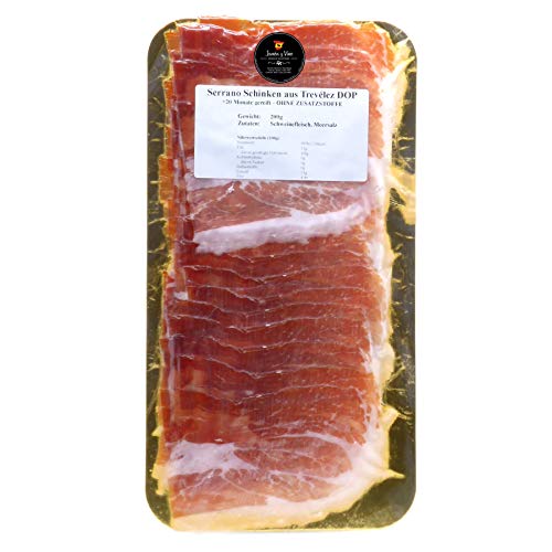 Serrano Schinken Trevélez +20M - OHNE ZUSATZSTOFFE, geschnitten 200g von Jamón y Vino - Spanische Delikatessen