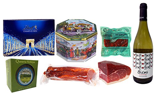 Lot Geschenk mit Schokolade Linzt 1 Kasten, 1 Dose Pasta Danish 1 Jabuguitos 1 Käse 1 Kg 1 Loin 500 gr. 1 Schinken Taco 400gr., 1 Flasche Albariño "Bicos". von JamonOnline