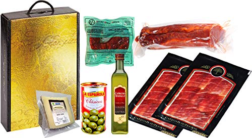 Lot Iberischen Schinken, Lende, Chorizo Jabuguitos, reifem Käse, Oliven und Olivenöl Extra Vergine Hojiblanca O.D. von JamonOnline