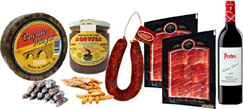 Lot Verkostung spanisches Essen. 1 ca. 900 gr Käse, 1 Glas Morcilla Leon, 100gr. Fuet, 1 Beutel Spitzen Brot, 1 Wurst Segovia, 2 Packungen der iberischen Schinken 100gr. jeder, 1 Flasche Wein Protos Ribera del Duero. von JamonOnline