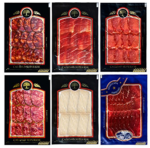 Lot Verkostung spanisches Essen: Iberischer Schinken, Lende Eichel, Cecina de León, Eichel Sausage, Salami Eichel, Schafskäse. (Je 100 g). von JamonOnline