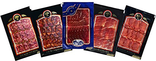 Lot Verkostung spanisches Essen: Iberischer Schinken, Lende Eichel, Cecina de León, Eichel Sausage, Salami Eichel. (Je 100 g). von JamonOnline