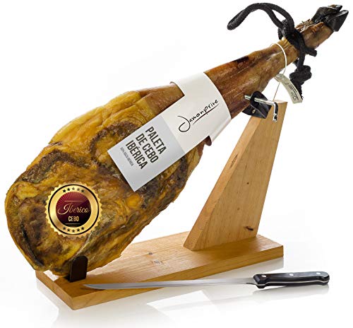 Pata Negra Schinken - Spanischer Iberico Schinken (Vorderschinken) 4 - 4.5 Kg + Schinkenhalter + Messer - Jamon Iberico (Paleta Iberica de Cebo) von Jamonprive