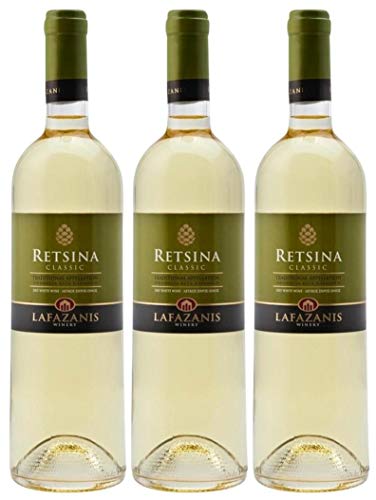 Retsina Lafazanis 3x 0,75l | Geharzter Weißwein aus Griechenland | 11% Vol. | + 20ml Jassas Olivenöl von Jassas Griechische Feinkost