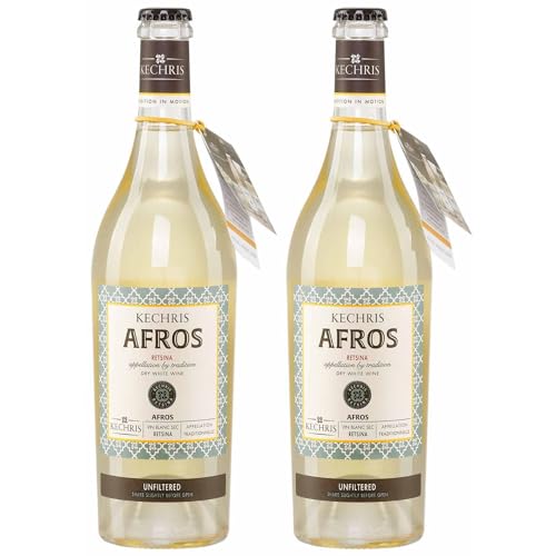 Afros Retsina weiß trocken Kechri 2x 0,75l Flasche | Sparkling | Trockener geharzter Weißwein aus Griechenland | +20ml Jassas Olivenöl von Jassas Griechische Feinkost