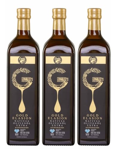 Elasion Gold Olivenöl 0,3% aus Kreta 3x 1,0l Flasche | Griechisches Olivenöl | Extra nativ | Sortenrein | + 1x 20ml ElaioGi Olivenöl von Jassas Griechische Feinkost