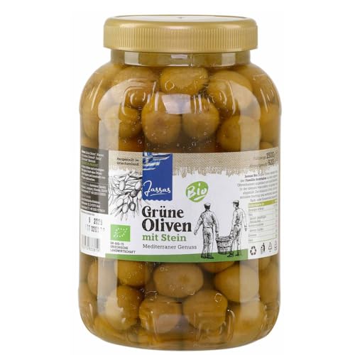 Griechische Grüne Oliven mit Stein 920g | Bio Zertifiziert | Grüne Oliven aus Griechenland | Jassas | GR-BIO-15 von Jassas Griechische Feinkost