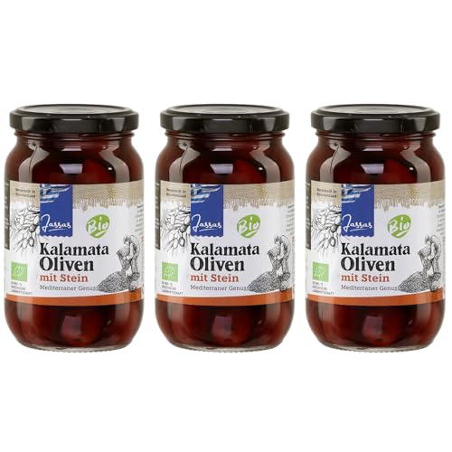 Griechische Oliven Kalamata mit Stein 3x 210g | Bio Zertifiziert | Oliven aus Griechenland | Jassas | GR-BIO-15 von Jassas Griechische Feinkost