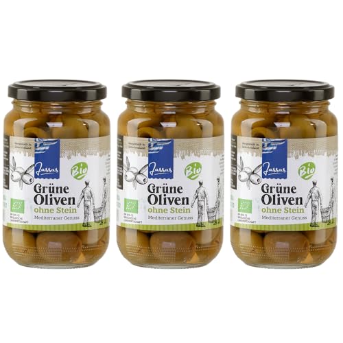 Griechische grüne Oliven ohne Stein 3x175g | Bio Zertifiziert | Oliven aus Griechenland | Jassas | GR-BIO-15 | +20ml Jassas Olivenöl von Jassas Griechische Feinkost